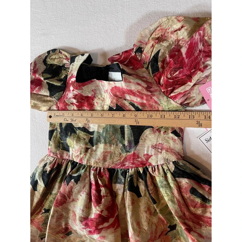 Rare Editions Girls Red Gold Floral Brocade Puff Sleeve Party Dress 6X New